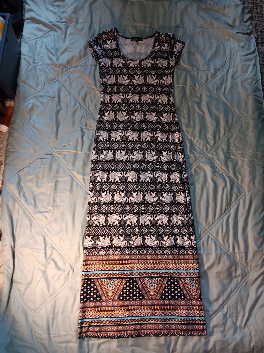 Derek Heart Black & White Elephant Print Maxi Dress with Multicolor Hem